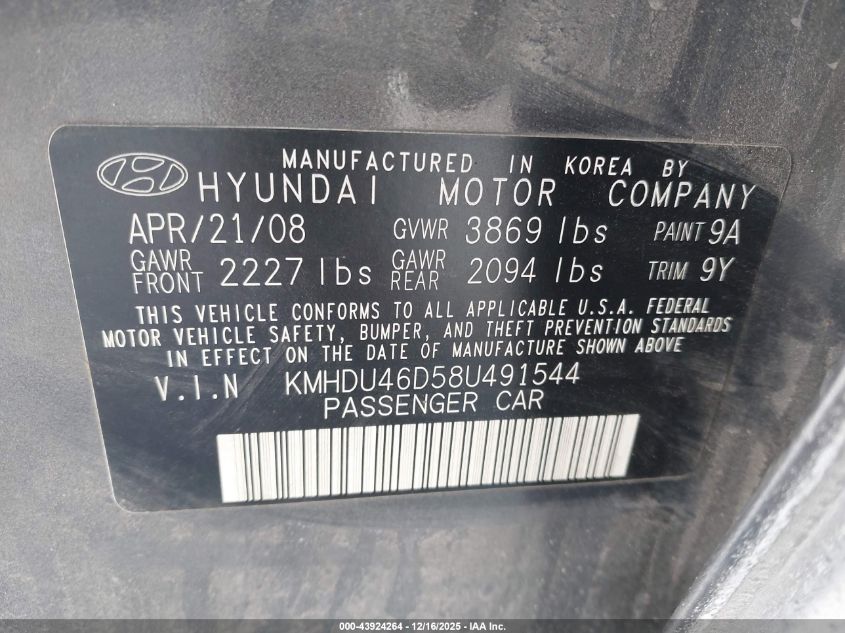 2008 Hyundai Elantra Gls/Se VIN: KMHDU46D58U491544 Lot: 43924264