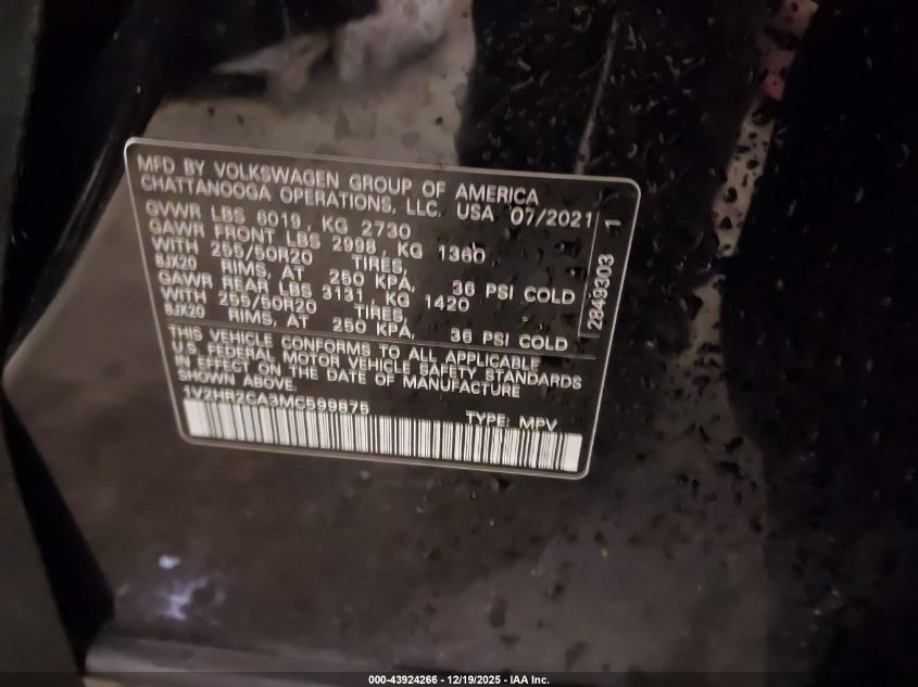 2021 Volkswagen Atlas 3.6L V6 Se W/Technology VIN: 1V2HR2CA3MC599875 Lot: 43924266