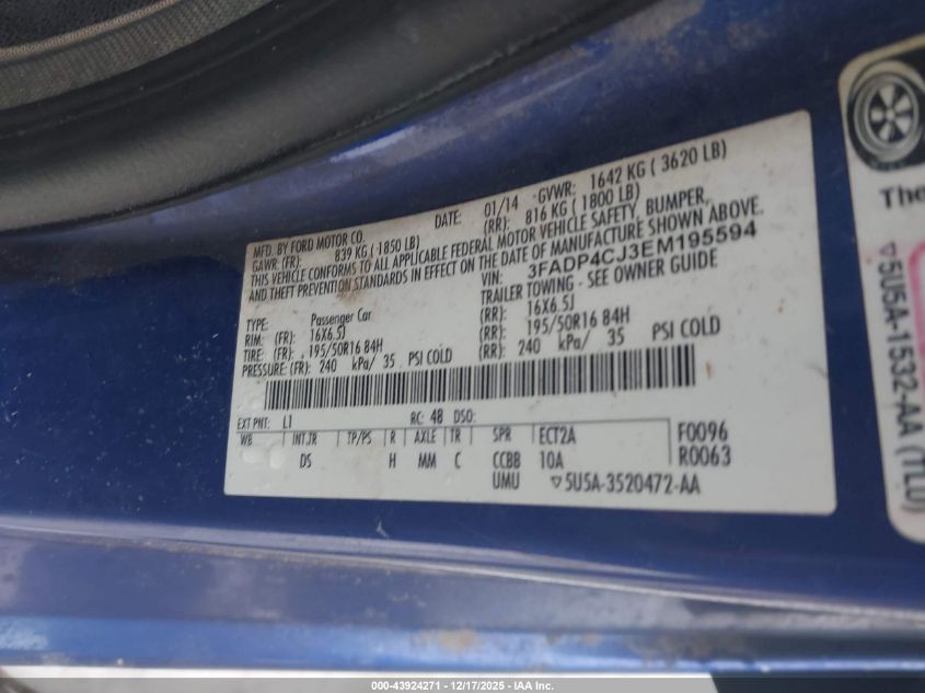 2014 Ford Fiesta Titanium VIN: 3FADP4CJ3EM195594 Lot: 43924271