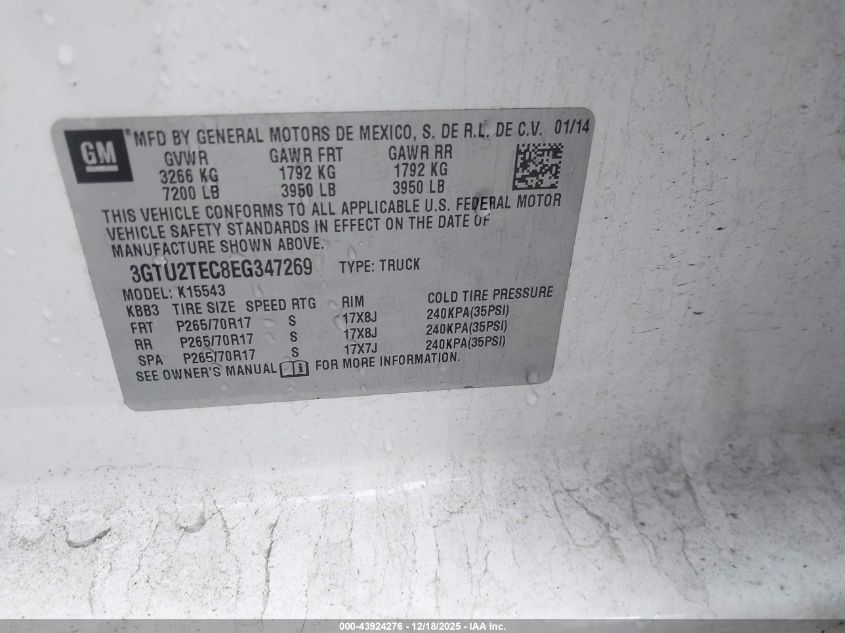 2014 GMC Sierra 1500 VIN: 3GTU2TEC8EG347269 Lot: 43924276