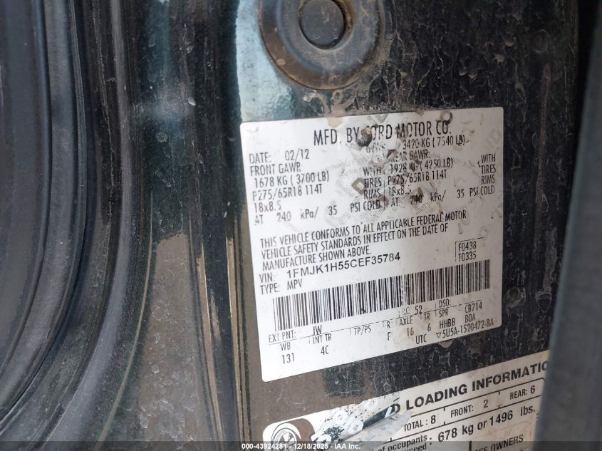 2012 Ford Expedition El Xlt VIN: 1FMJK1H55CEF35784 Lot: 43924281