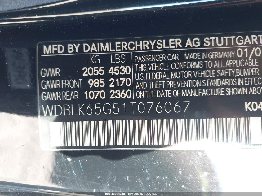 2001 Mercedes-Benz Clk 320 VIN: WDBLK65G51T076067 Lot: 43924283