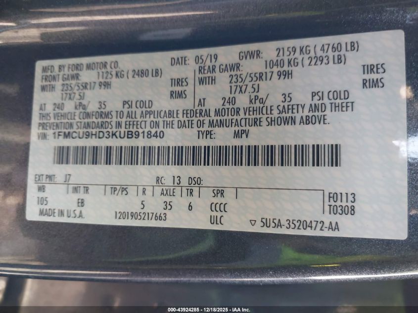 2019 Ford Escape Sel VIN: 1FMCU9HD3KUB91840 Lot: 43924285