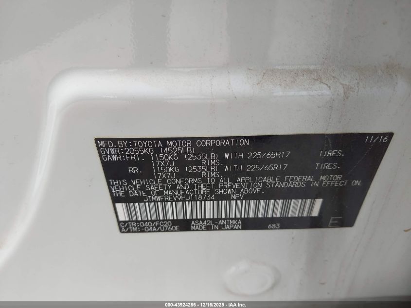 2017 Toyota Rav4 Xle VIN: JTMWFREV9HJ118734 Lot: 43924286