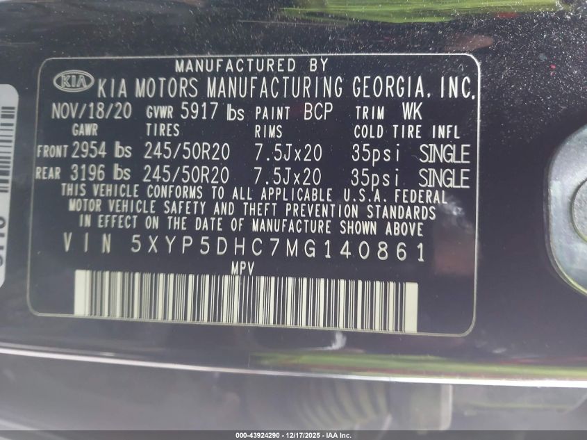 2021 Kia Telluride Sx VIN: 5XYP5DHC7MG140861 Lot: 43924290