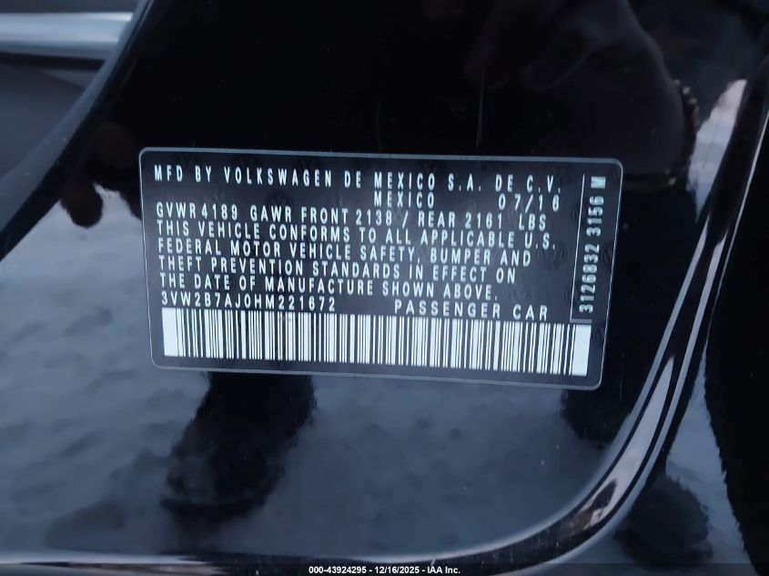 2017 Volkswagen Jetta 1.4T S VIN: 3VW2B7AJ0HM221672 Lot: 43924295