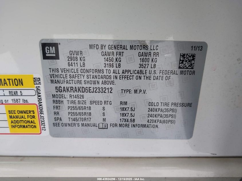 2014 Buick Enclave Convenience VIN: 5GAKRAKD6EJ233212 Lot: 43924296