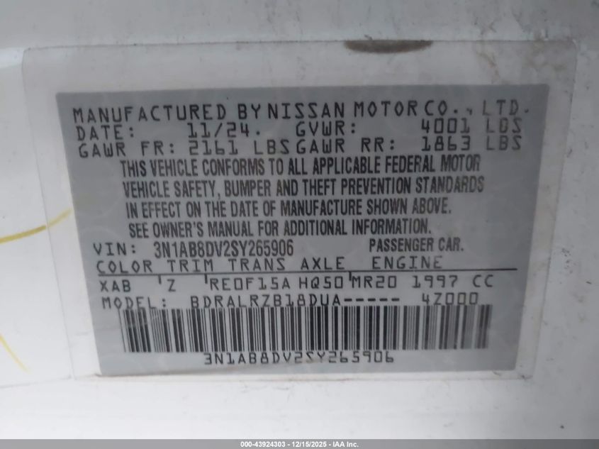 2025 Nissan Sentra Sr VIN: 3N1AB8DV2SY265906 Lot: 43924303