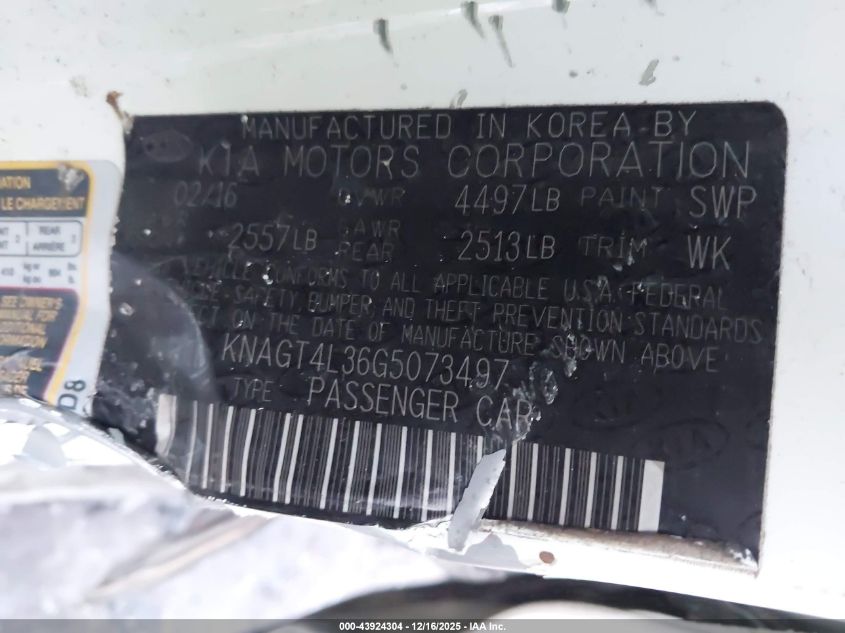 2016 Kia Optima Lx VIN: KNAGT4L36G5073497 Lot: 43924304