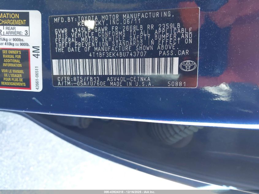 2011 Toyota Camry VIN: 4T1BF3EK4BU743707 Lot: 43924318