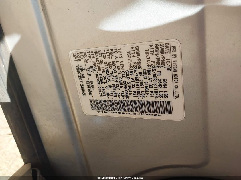 2009 Nissan Murano Sl VIN: JN8AZ18U79W030425 Lot: 43924319