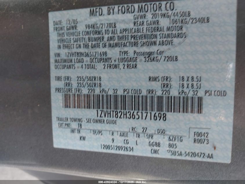 2006 Ford Mustang Gt VIN: 1ZVHT82H365171698 Lot: 43924324