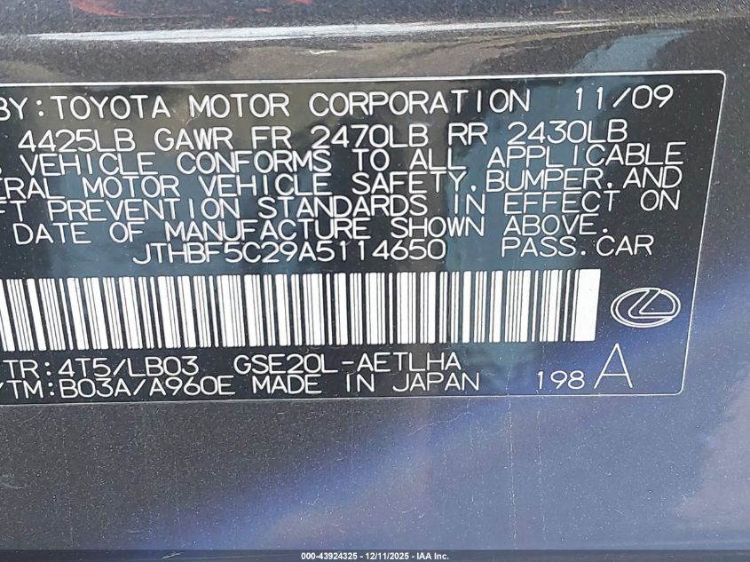2010 Lexus Is 250 VIN: JTHBF5C29A5114650 Lot: 43924325