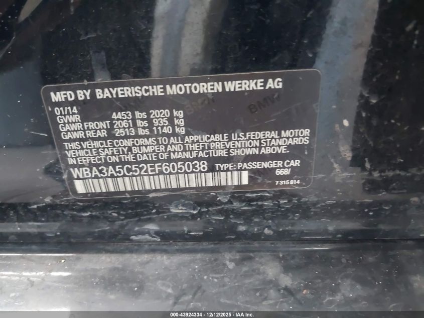 2014 BMW 328I VIN: WBA3A5C52EF605038 Lot: 43924334