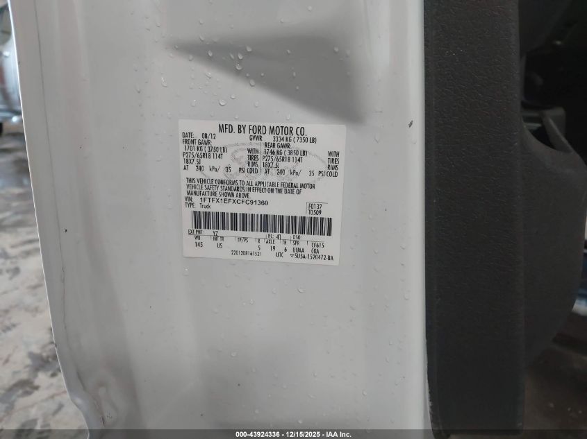 2012 Ford F-150 Xlt VIN: 1FTFX1EFXCFC91360 Lot: 43924336