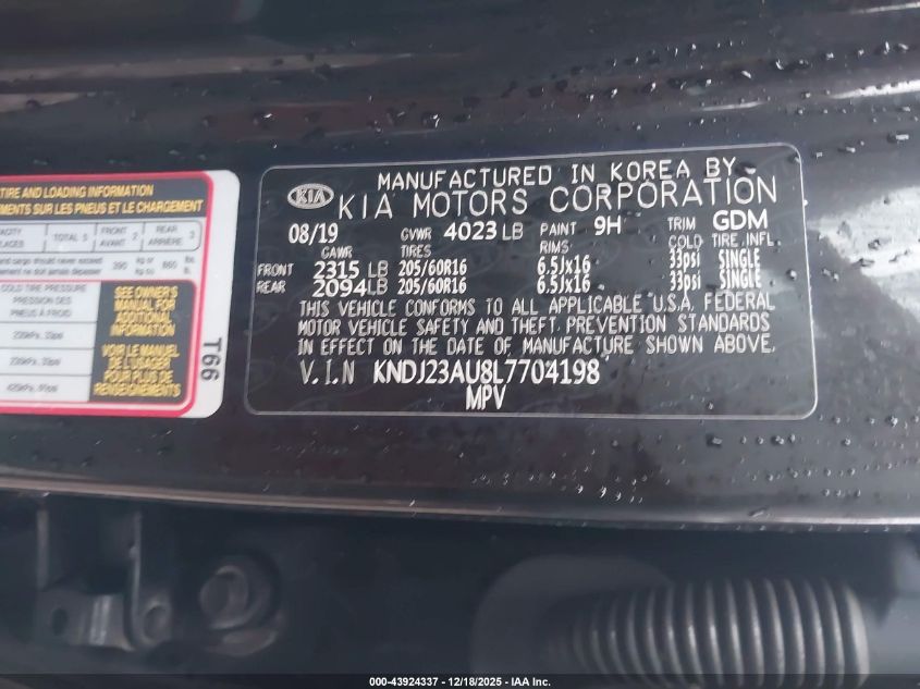 2020 Kia Soul Lx VIN: KNDJ23AU8L7704198 Lot: 43924337