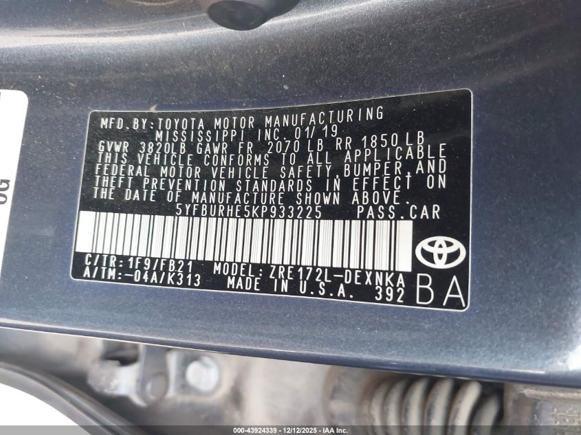 2019 Toyota Corolla Le VIN: 5YFBURHE5KP933225 Lot: 43924339