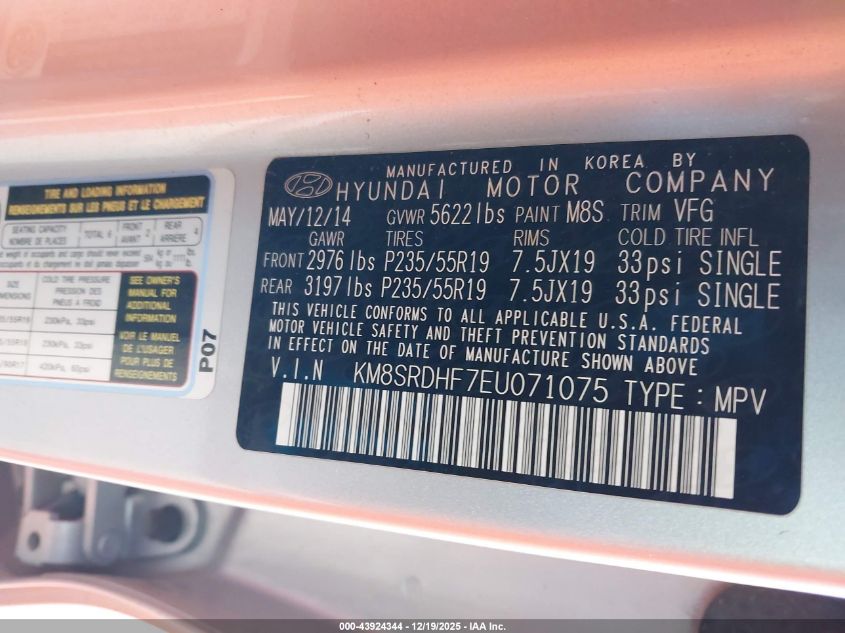 2014 Hyundai Santa Fe Limited VIN: KM8SRDHF7EU071075 Lot: 43924344