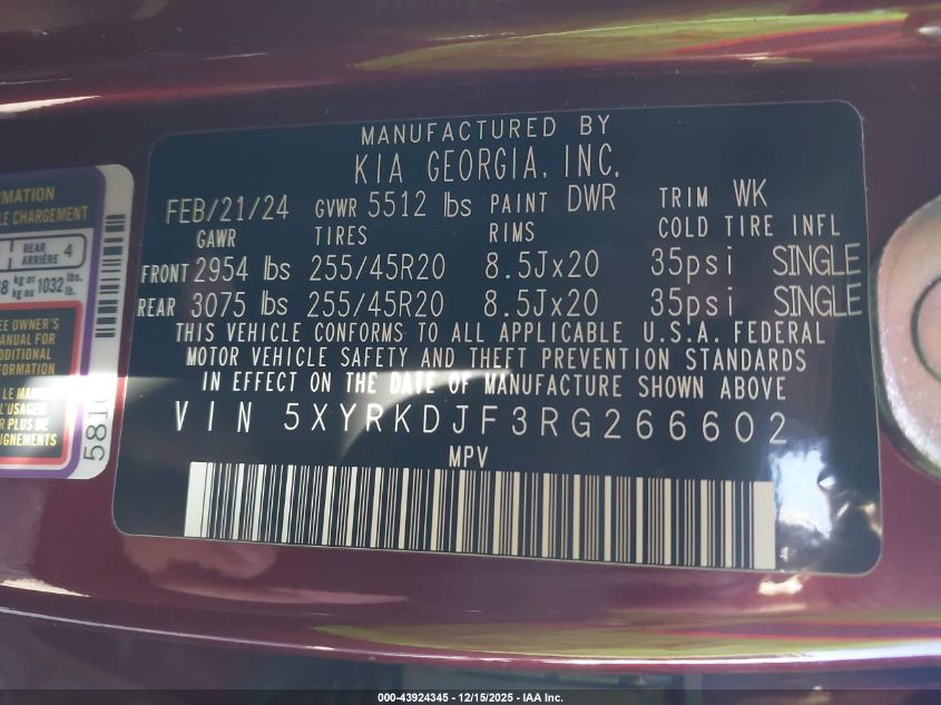 2024 Kia Sorento X-Line Sx VIN: 5XYRKDJF3RG266602 Lot: 43924345