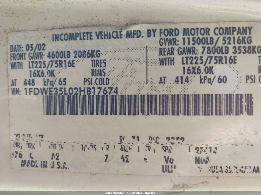 2002 Ford E-350 Cutaway Standard VIN: 1FDWE35L02HB17674 Lot: 43924348
