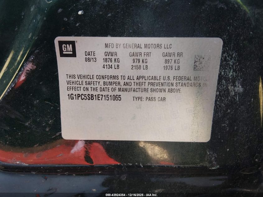 2014 Chevrolet Cruze 1Lt Auto VIN: 1G1PC5SB1E7151065 Lot: 43924354