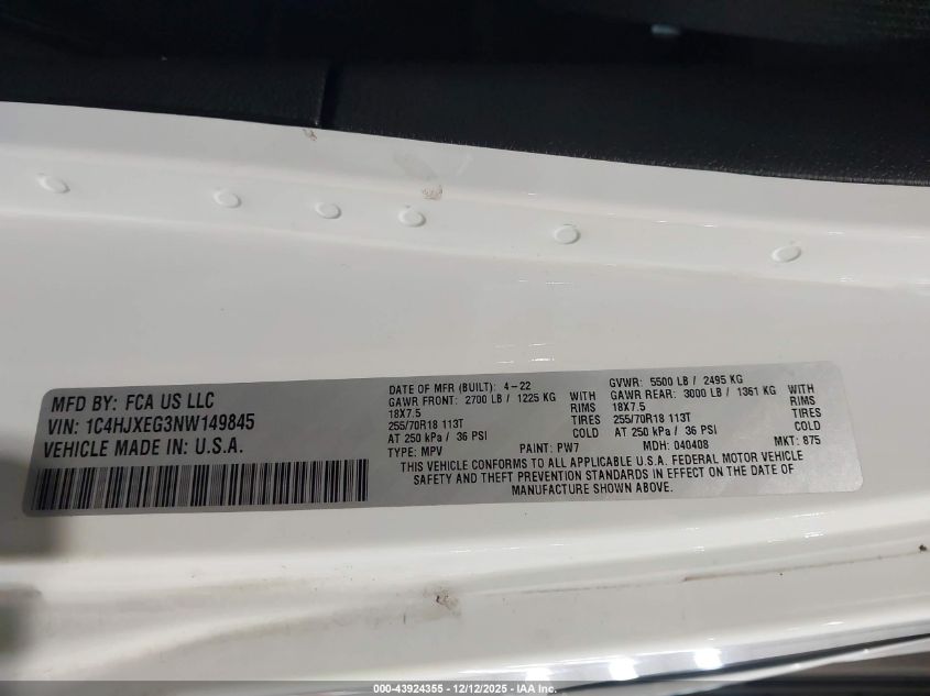 2022 Jeep Wrangler Unlimited Sahara Altitude 4X4 VIN: 1C4HJXEG3NW149845 Lot: 43924355