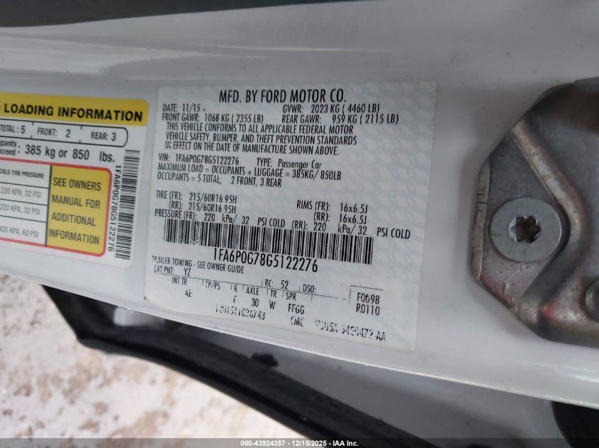 2016 Ford Fusion S VIN: 1FA6P0G78G5122276 Lot: 43924357