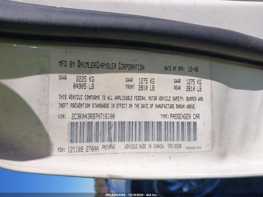 2007 Chrysler 300 VIN: 2C3KA43R87H716100 Lot: 43924365