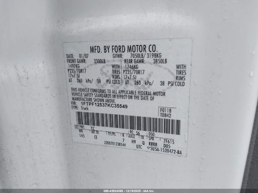 2007 Ford F-150 Xl/Xlt VIN: 1FTPF12537KC35549 Lot: 43924366