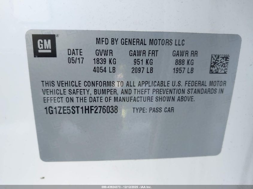 2017 Chevrolet Malibu 1Lt VIN: 1G1ZE5ST1HF276038 Lot: 43924373