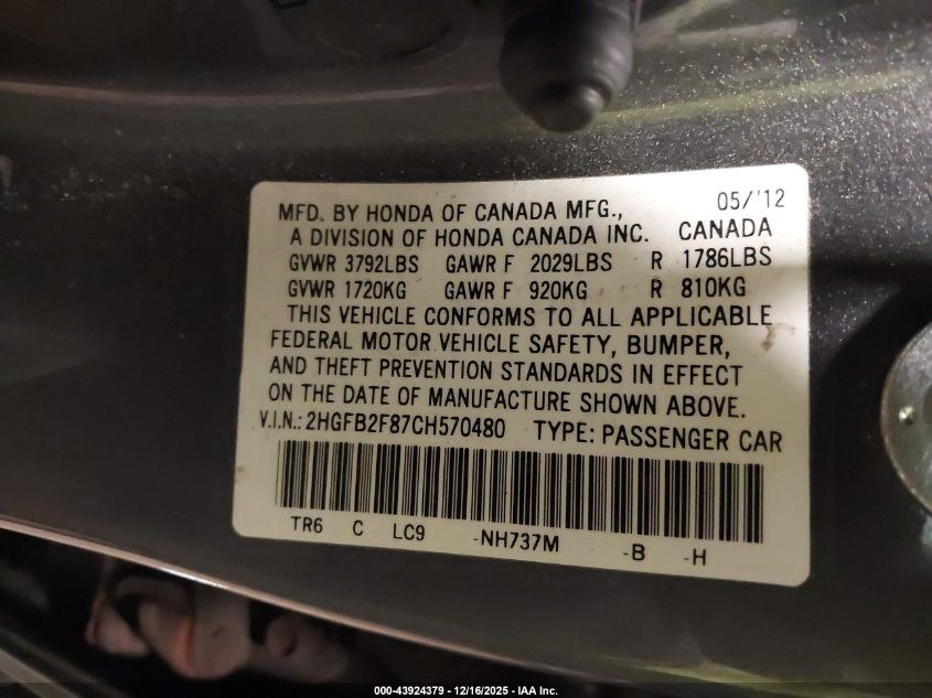 2012 Honda Civic Ex VIN: 2HGFB2F87CH570480 Lot: 43924379