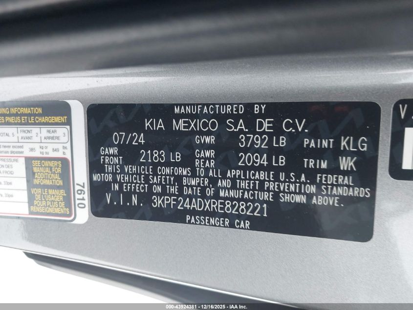2024 Kia Forte Lxs VIN: 3KPF24ADXRE828221 Lot: 43924381