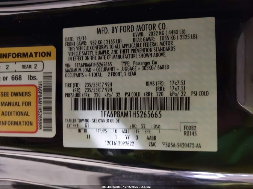 2017 Ford Mustang V6 VIN: 1FA6P8AM1H5265665 Lot: 43924383