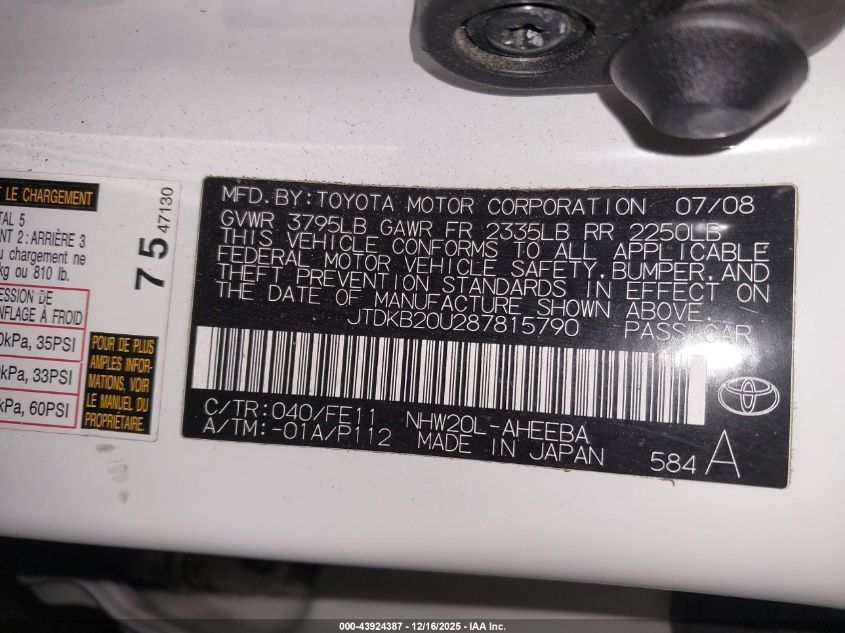 2008 Toyota Prius VIN: JTDKB20U287815790 Lot: 43924387