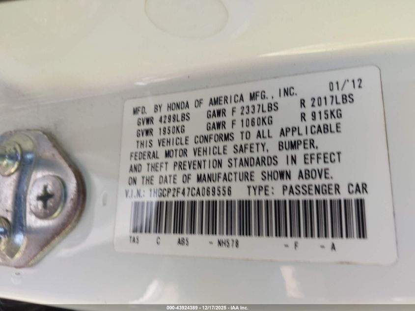 2012 Honda Accord 2.4 Lx-P VIN: 1HGCP2F47CA069556 Lot: 43924389