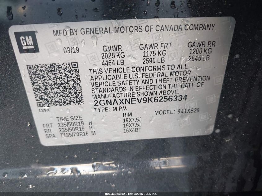 2019 Chevrolet Equinox Premier VIN: 2GNAXNEV9K6256334 Lot: 43924392