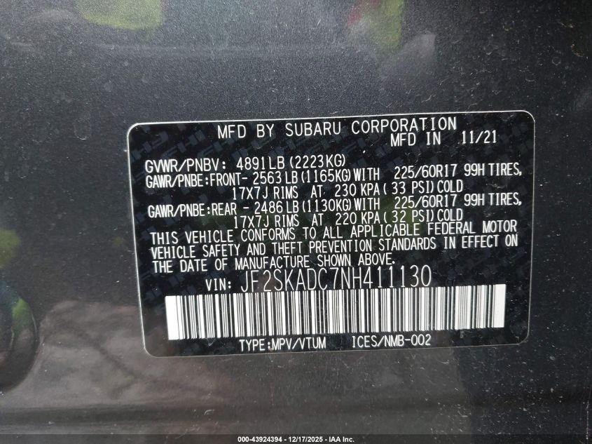 2022 Subaru Forester Premium VIN: JF2SKADC7NH411130 Lot: 43924394