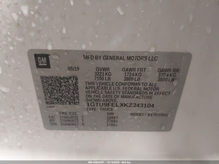 2019 GMC Sierra 1500 Denali VIN: 1GTU9FELXKZ343104 Lot: 43924397
