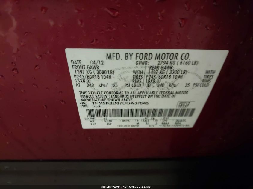 2013 Ford Explorer Xlt VIN: 1FM5K8D87DGA37845 Lot: 43924399