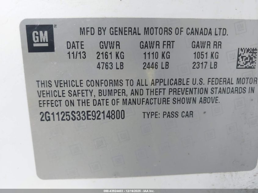 2014 Chevrolet Impala 2Lt VIN: 2G1125S33E9214800 Lot: 43924403