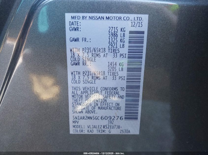 2016 Nissan Pathfinder Sv VIN: 5N1AR2MN5GC609276 Lot: 43924404