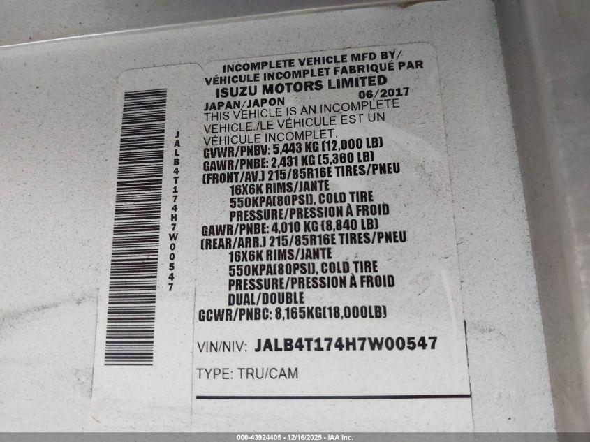 2017 Isuzu Reach VIN: JALB4T174H7W00547 Lot: 43924405