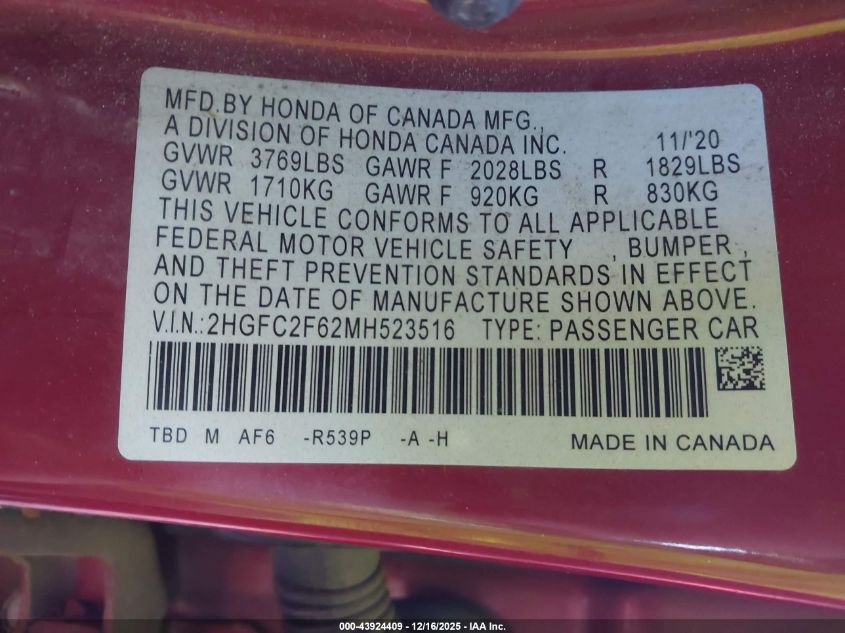 2021 Honda Civic Lx VIN: 2HGFC2F62MH523516 Lot: 43924409