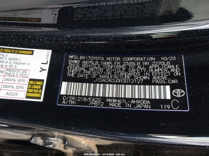 2024 Toyota Prius Prime Xse VIN: JTDACACU0R3012127 Lot: 43924410