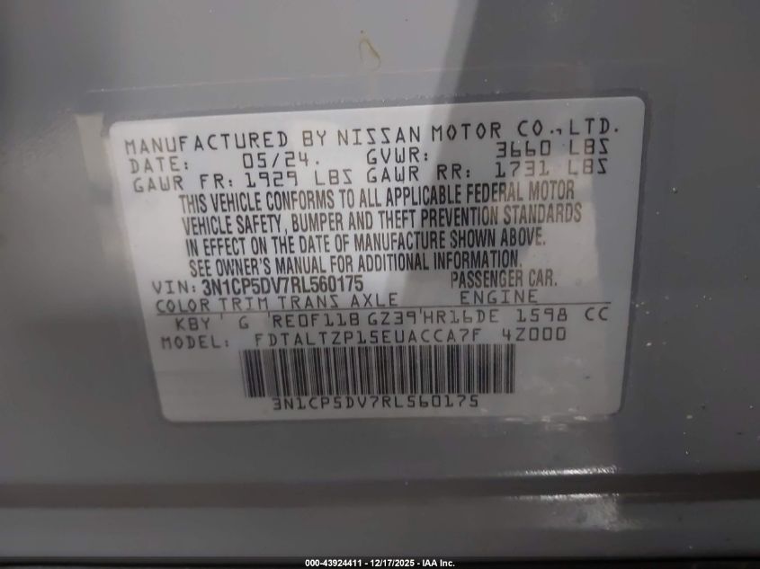 2024 Nissan Kicks Sr Xtronic Cvt VIN: 3N1CP5DV7RL560175 Lot: 43924411