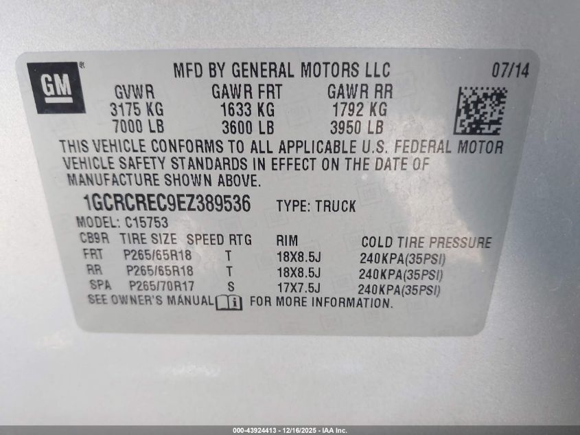 2014 Chevrolet Silverado 1500 1Lt VIN: 1GCRCREC9EZ389536 Lot: 43924413