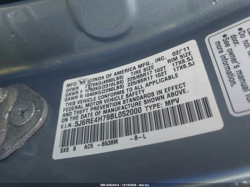 2011 Honda Cr-V Ex-L VIN: 5J6RE4H79BL052000 Lot: 43924414