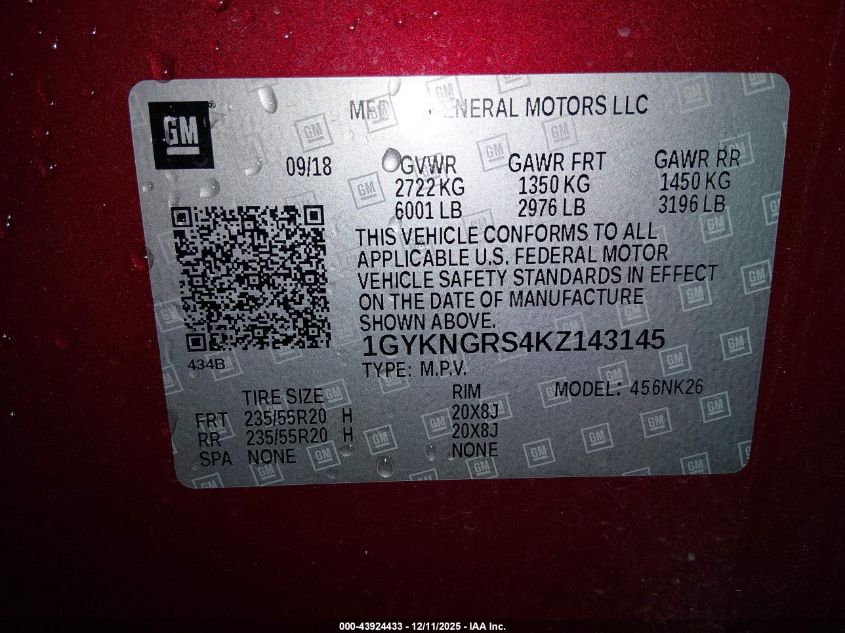 2019 Cadillac Xt5 Platinum VIN: 1GYKNGRS4KZ143145 Lot: 43924433