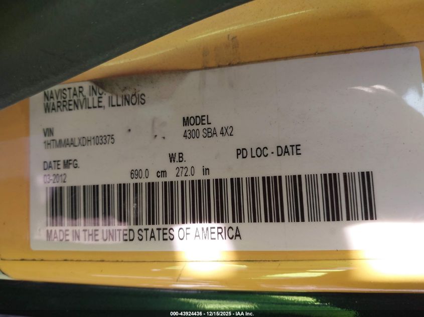 2013 International 4000 4300 VIN: 1HTMMAALXDH103375 Lot: 43924436
