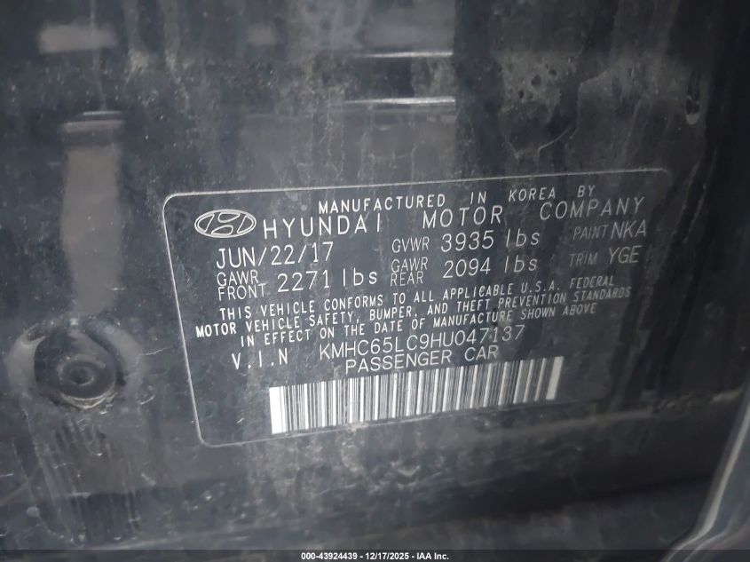 2017 Hyundai Ioniq Hybrid Blue VIN: KMHC65LC9HU047137 Lot: 43924439